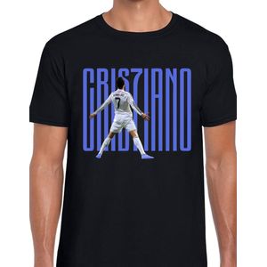 Ronaldo Uniseks T-Shirt - Zwart text blauw- Maat L - Korte mouwen - Ronde hals - Normale pasvorm - Cristiano ronaldo - Voetbal - Voor mannen & vrouwen - Kado - CR7 - veldman prints & packaging