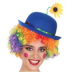 Clown verkleed set gekleurde pruik met bolhoed blauw met bloem - Carnaval clowns verkleedkleding en accessoires
