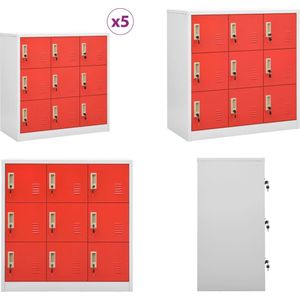 vidaXL Lockerkasten 5 st 90x45x92-5 cm staal lichtgrijs en rood - Lockerkast - Lockerkasten - Locker Kast - Locker Kasten