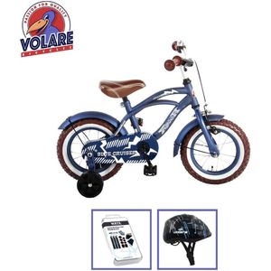 Volare Kinderfiets Blue Cruiser - 12 inch - Blauw - Met fietshelm & accessoires