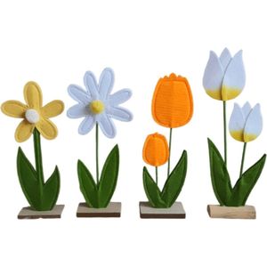 Mica Decorations Vilten bloemen op houten voet,geel,wit,oranje Set van 15, L15 x B5 x H34cm