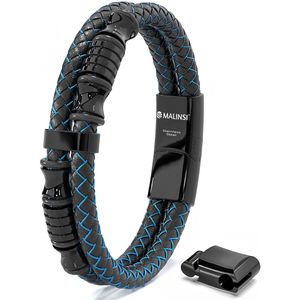 Malinsi Armband Heren - Blauw Effect Mysterie - RVS en Leer - Armbandje Mannen 21 cm