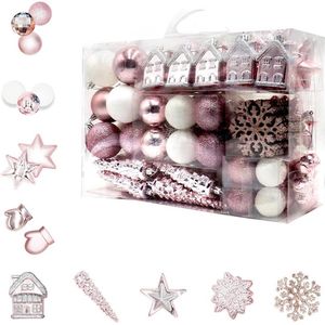 Kerstballen set 113 stuks kunststof roze wit boomversiering kerstboomversiering maten uitvoeringen