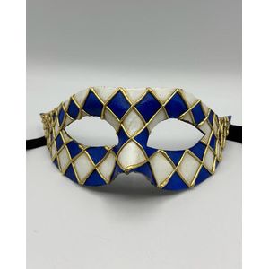 Venetiaans masker handgemaakt - Arlecchino masker blauw/wit/goud - Carnavals masker - gala masker blauw wit