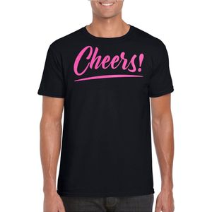 Bellatio Decorations Verkleed T-shirt voor heren - cheers - zwart - roze glitter - carnaval XXL