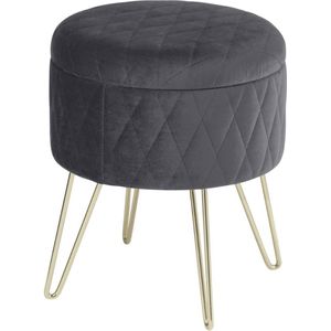 Poef deluxe - Voetenbank met opbergruimte - Donkergrijs - Opbergbox hocker - Zitkist met deskel - Velvet - 31.5x31.5x36cm