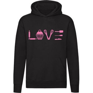 LOVE Baking Hoodie | Bakken | Liefde | Koken | Eten | Maaltijd | Kok | Chefkok | Horeca | Unisex | Trui | Sweater | Capuchon | Zwart