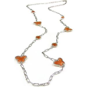 lange zilveren halsketting collier halssnoer gerhodineerd Model Vlinder en Bol met oranje stenen