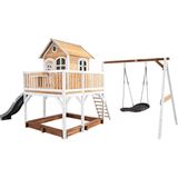 AXI Liam Speelhuis in Bruin/Wit - Met Roxy Nestschommel, Grijze Glijbaan en Zandbak - Speelhuisje op palen met veranda - FSC hout - Speeltoestel voor de tuin