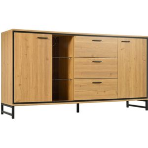 Dressoir opbergkast met veranderbare LED-verlichting 3 open vakken 3 lades en 2 deuren modern minimalistisch ontwerp met zwarte lijndecoratie 160x40x85 cm houtkleur