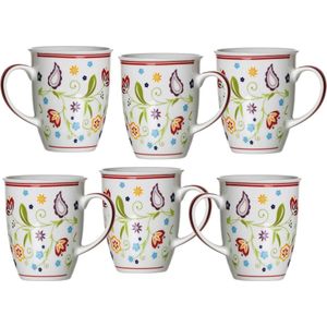 Koffiemok Set Doppio Shanti - 6 Stuks Porselein Koffiemokken met Fleurig Bloemendecor