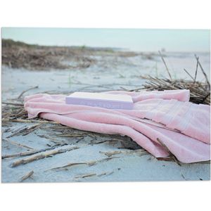WallClassics - Vlag - Boek met Handdoek op Beige Strand - 40x30 cm Foto op Polyester Vlag