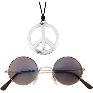 Hippie Flower Power sieraden set peace-sign ketting met groovy bril