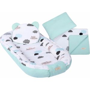 LUXE babynestje 4 delige SET / Kraamcadeau / GRATIS wiegdeken met kussen / Wolken mint