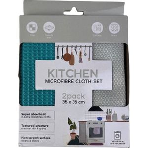 Keuken microvezeldoek set schoonmaakdoeken CORRY - Turquoise / Grijs - Polyester / Polyamide - 35 x 35 cm - 2 Stuks - Schoonmaken - Schoonmaak - Doek