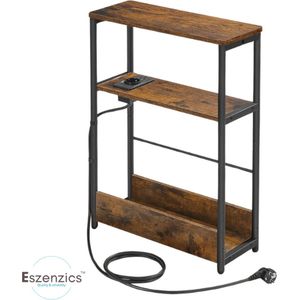 Eszenzics™ Bijzettafel - Industrieel design - Robuust en Stoer - Vintage - Tijdschrifthouder - Geïntegreerd stopcontact en 2x USB aansluiting - Tot 100 kg - 18x45x58 cm - Hout kleur - Staal