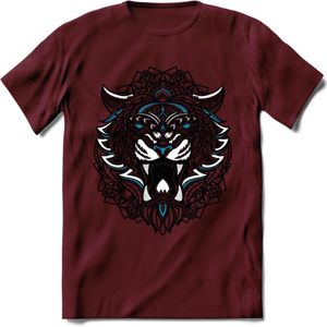 Tijger - Dieren Mandala T-Shirt | Blauw | Grappig Verjaardag Zentangle Dierenkop Cadeau Shirt | Dames - Heren - Unisex | Wildlife Tshirt Kleding Kado | - Burgundy - M
