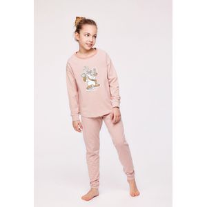 Woody pyjama meisjes/dames - roze-gebroken wit- gestreept - haas - 232-10-PZG-Z/919 - maat 128