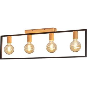 plafondlamp zwart, houtlook, natuurlijke kleuren, 4-lichtbronnen E27 vintage - houtlook industriële woonkamerlamp voor slaapkamer woonkamer retro lamp van metaal met 4 lampjes plafondverlichting voor keuken hal max. 60 W