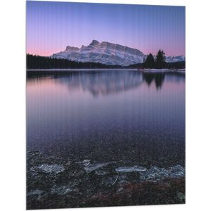 WallClassics - Vlag - Grote Berg aan Bevroren Meer met Bomen - 75x100 cm Foto op Polyester Vlag