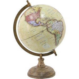 HAES DECO - Decoratieve Wereldbol met bruin houten voet - formaat 22x33cm - kleuren Groen / Geel / Rood - Vintage Wereldbol, Globe, Aarbol