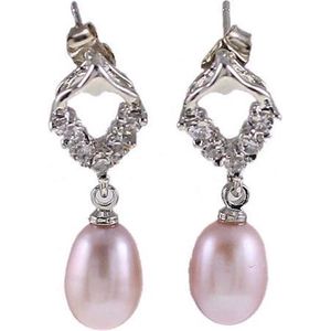 Zoetwater parel oorbellen Bling Pearl Heart P - oorstekers - echte parels - roze - stras steentjes - sieraden zakje - cadeau voor haar - kerst cadeau - Moederdag cadeau