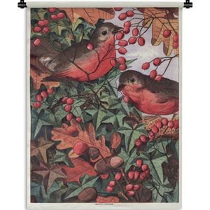 Wandkleed Antieke Vogelprenten - Antieke vogelprent roodborstjes Wandkleed katoen 120x160 cm - Wandtapijt met foto XXL / Groot formaat!