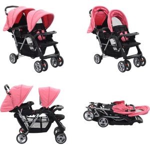 vidaXL Kinderwagen dubbel staal roze en zwart - Kinderwagen - Kinderwagens - Kinder Wagen - Kinder Wagens