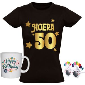 50 jaar Dames T-shirt + Koffiemok + Happy birthday bril - goud - verjaardag - shirt