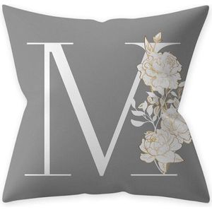 Grijze Kussenhoes met Bloemen en Letter M (500193)