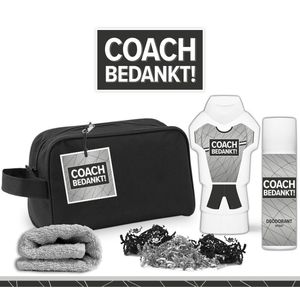 Geschenkset ""Coach bedankt!"" - 4 producten - 500 gram | Toilettas - Cadeau - Man - Toernooi - Voetbal - Volleybal - Hockey - Handbal - Basketbal - Korfbal - Trefbal - Waterpolo - Rugby - Sport - Wedstrijd - Showergel - Giftset - Trainer - Grijs