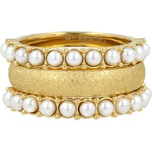 My Bendel Goudkleurige ringenset met witte parels - Ringenset goudkleurig met witte parels en een stardust aanschuifring - Met luxe cadeauverpakking