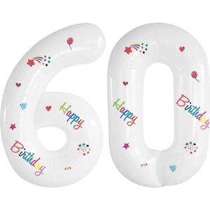 Folie Ballonnen Cijfers 60 Jaar Happy Birthday Verjaardag Versiering Cijferballon Folieballon Cijfer Ballonnen Wit 70 Cm