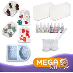 Mega Kinder Pack DIY Zeep Maken - 1 KG Gietzeep + 4 x 10 ml Cosmetische Kleurstoffen + 4 x 10 ml Cosmetische Geuroliën + 5 Zeepmallen + Benodigde Gereedschap - Zelf Zeep Maken
