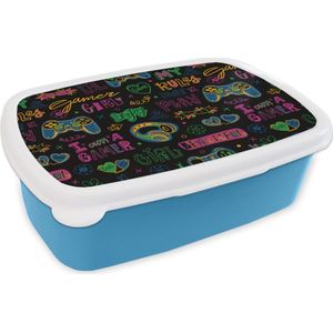 Broodtrommel Blauw - Lunchbox - Brooddoos - Pubers - Gaming - Koptelefoon - Patronen - 18x12x6 cm - Kinderen - Jongen