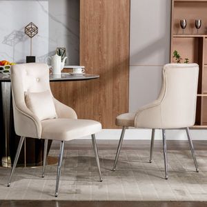 Sweiko 2-delige eetkamerstoel met knooppatroon, gestoffeerde fauteuil, stoelen met metalen poten, moderne lounge stoel, slaapkamer woonkamer stoel met lumbale kussen, Beige