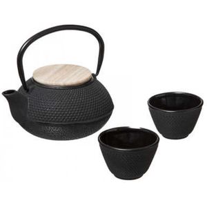 Gietijzeren theepot zwart met twee mokken - japanse stijl - kopjes bolletjes stippen - cast iron - 0,8 L - hip - cadeau tip - kerst cadeau tip