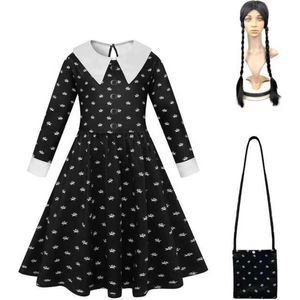 Merkloos Wednesday Addams Eerste Dag Op School - Meisje - zwart - Halloween - Verkleedkleding maat 104/110