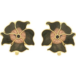 Behave Dames clip oorbel bloem zwart bruin emaille - 2,3 cm doorsnede