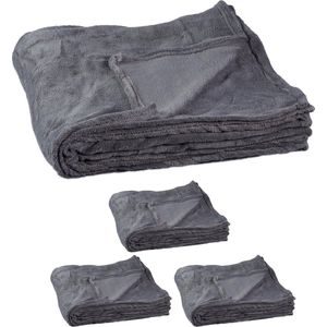Relaxdays 4x fleece deken 200x220 cm - plaid - bank kleed - polyester - grijs- xxl - groot
