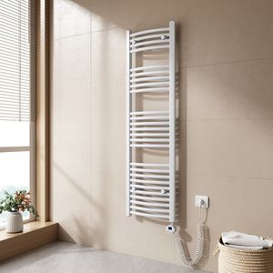 EMKE Elektrische Handdoekradiator - Met LCD Thermostaat - Glanzend Wit - 140x40 cm - 500W - Badkamer Radiator - Gebogen Buis