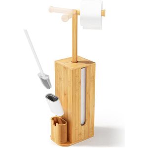 Staande wc-rolhouder met toiletborstel - wc-garnituur van bamboe - opslag toiletpapier - HBT 716 x 155 x 215 cm
