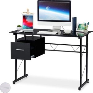 Moderne glazen computertafel met lade - bureau voor tienerkamer - HBD 75 x 110 x 55 cm - zwart auto tafeltje kind