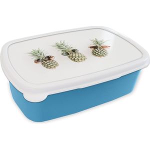 Broodtrommel Blauw - Lunchbox - Brooddoos - Ananas - Tropisch - Zonnebril - 18x12x6 cm - Kinderen - Jongen