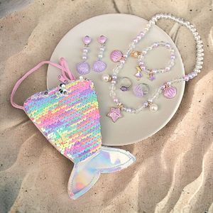 Haar in Stijl® | Parel Sieraad Set Schelp Paars | Sieradenset voor kinderen | Parel Meisjes Sieraden Set paars met schelpen met gratis Zeemeermin Mermaid tasje | Ketting | Armband | Klip-on oorbellen | Ring | Kadotip | Geschenkset