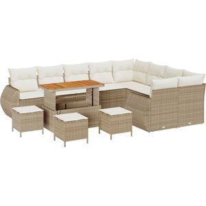 vidaXL - 13-delige - loungeset - voor - buiten - met - kussens - in - beige - poly - riet - en - acaciahout.