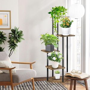 Plantenstandaard, 5-traps bloemenstandaard, hout, metaal, plantenrek, bloemenrek, bloementrap, plantentrap voor woonkamer, indoor, outdoor, decoratie, zwart