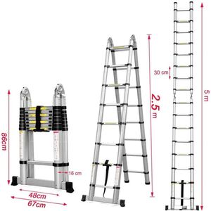 Mila Shop Telescopische knikladder - Aluminium ladder - Vouwladder - Antislip - Uitschuifbaar - 150 kg laadvermogen - 2,6m-5m