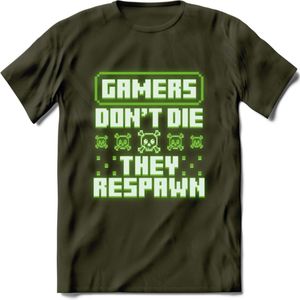 Gamers don't die pixel T-shirt | Neon Groen | Gaming kleding | Grappig game verjaardag cadeau shirt Heren – Dames – Unisex | - Leger Groen - L
