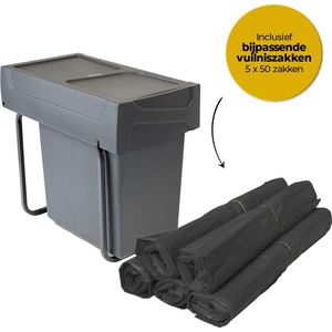 Emuca Afvalbak 20 Liter met vuilniszakken – Inbouw Prullenbak – Uittrekbare afvalemmer – Geschikt voor deurbreedte 27 cm, inbouwdiepte 46 cm & Kasthoogte 41 cm – Antraciet